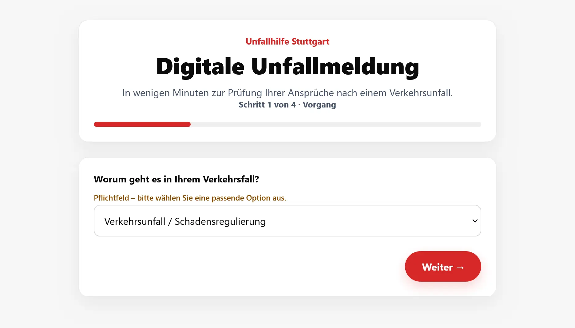 Desktop-Ansicht der digitalen Unfallmeldung mit Fortschrittsanzeige und den vier Formularschritten