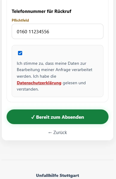 Digitale Unfallmeldung im absendebereiten Zustand mit grünem Hinweis