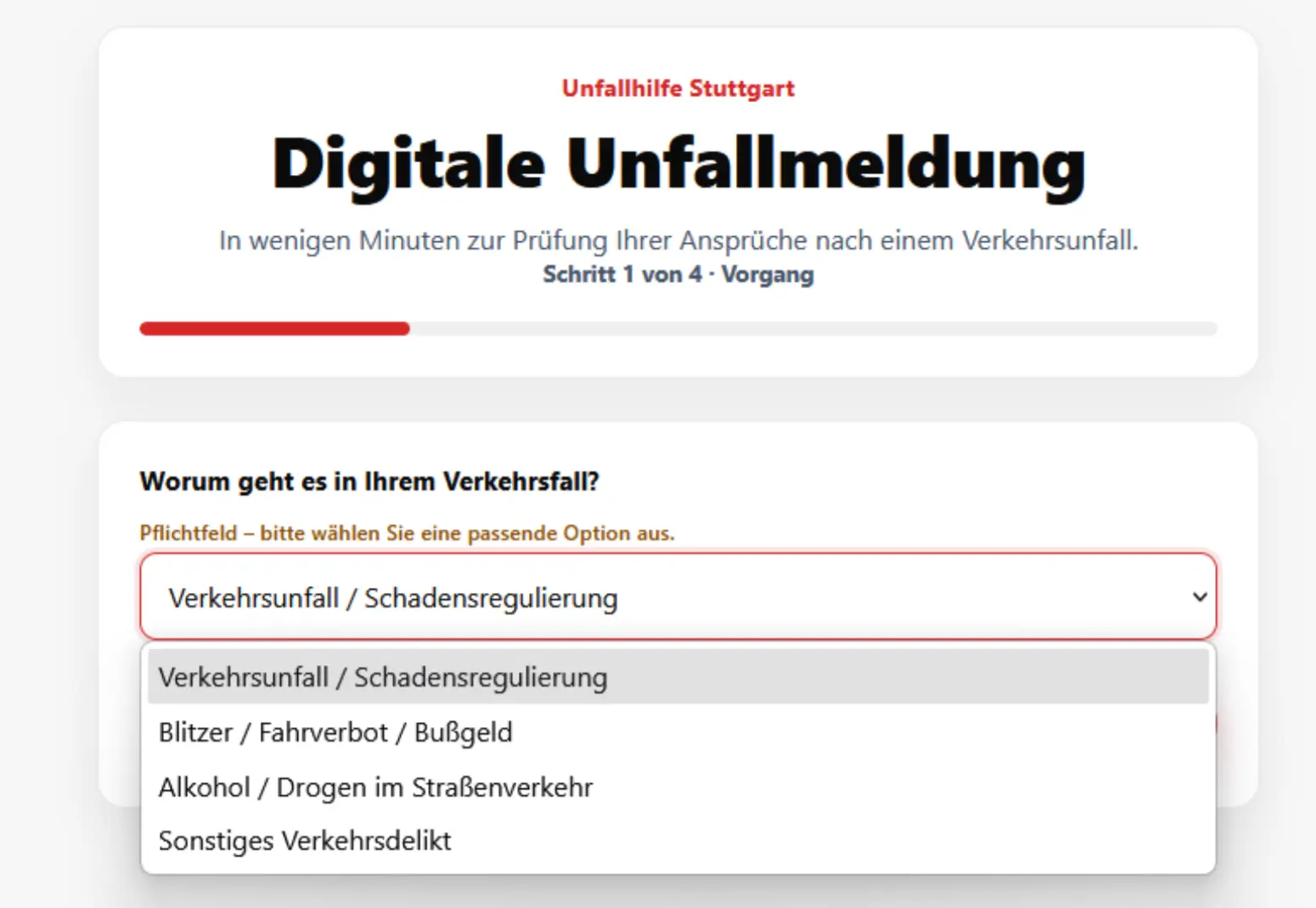 Auswahl des Verkehrsfalls in der digitalen Unfallmeldung