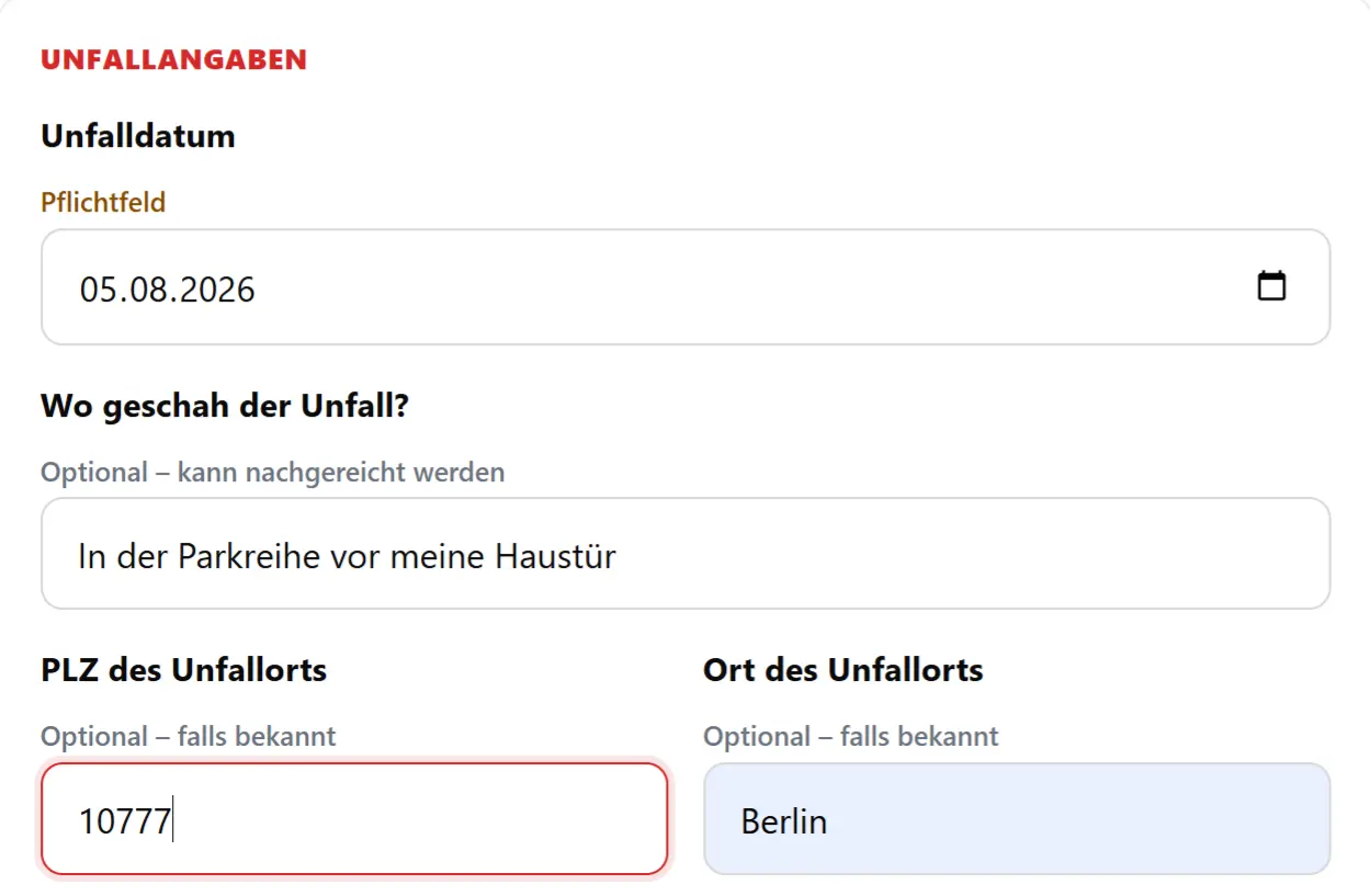 Eingabefelder für Unfalldatum und Unfallort