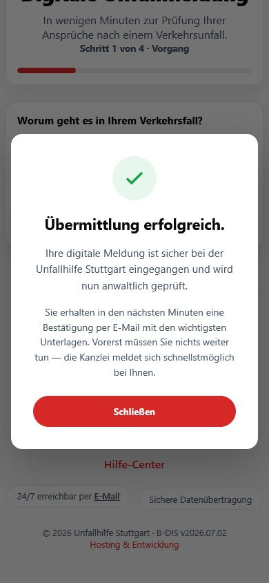 Erfolgsdialog nach der Übermittlung der digitalen Unfallmeldung