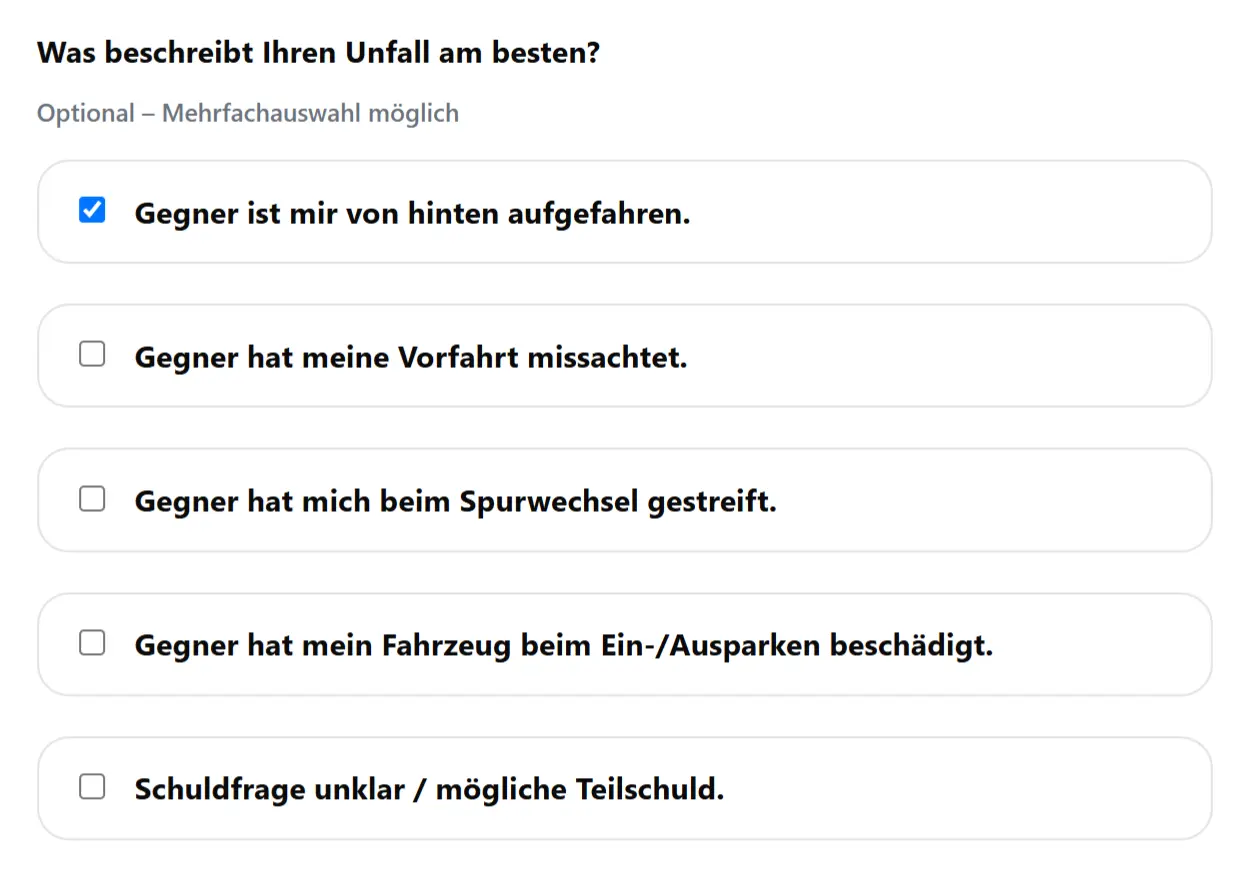 Auswahl typischer Unfallsituationen mit mehreren Kontrollfeldern